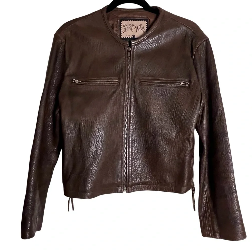 90s vintage carole little leather jacket moto brown front zip pebbled leather 6 - Picture 3 of 12
